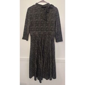 Robbie Bee Dress Womens L Black Brown 3/4 Sleeve Tie Neck Pleated Career 1940s